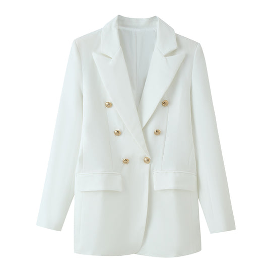 Damen Doppelreihiger Longline-Blazer mit Schalkragen und goldenen Zierknöpfen Nord Taschen