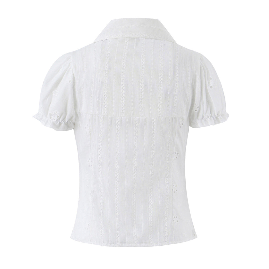 Damen Broderie-Anglaise Bluse mit Puffärmeln, Taillenbetonung und vorderer Bindung Nord Taschen