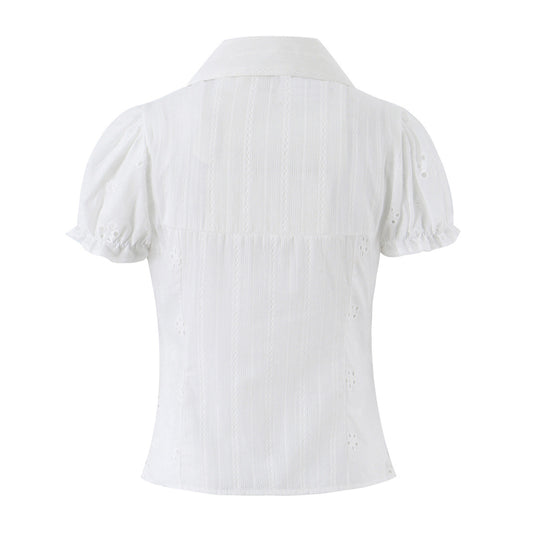 Damen Broderie-Anglaise Bluse mit Puffärmeln, Taillenbetonung und vorderer Bindung Nord Taschen