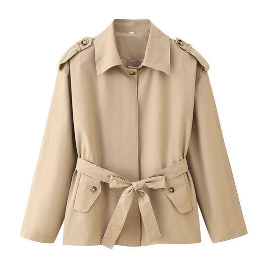 Damen Kurz‑Trenchjacke mit Taillengürtel, Schulterklappen und Pattentaschen Nord Taschen