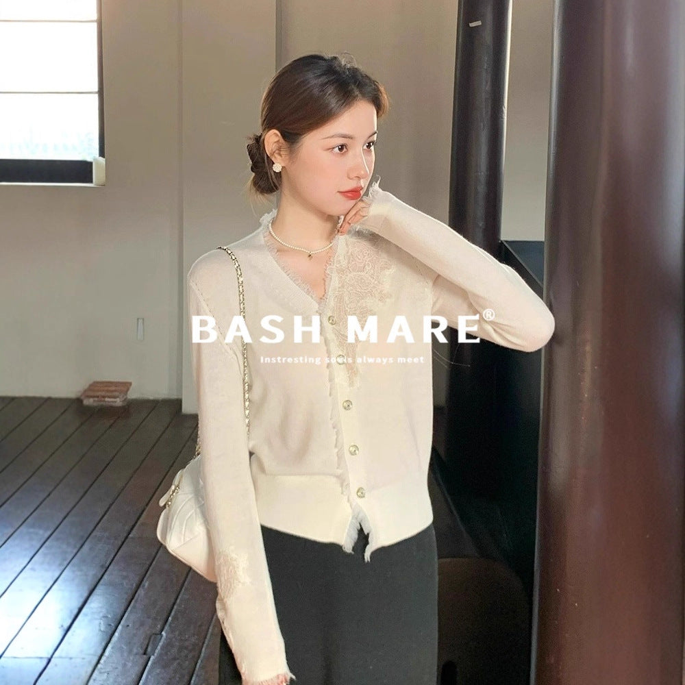 Damen Feinstrick-Cardigan mit Spitzenbesatz und ausgefransten Bündchen Nord Taschen