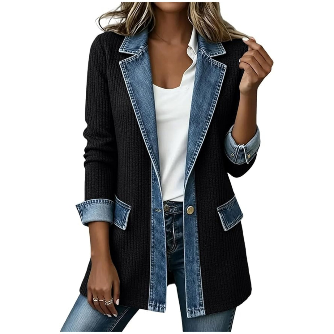 Damen Strickblazer mit Jeansbesatz und Reverskragen Nord Taschen