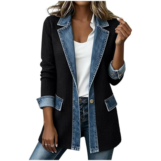 Damen Strickblazer mit Jeansbesatz und Reverskragen Nord Taschen