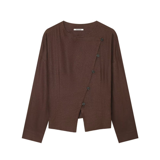 Damen Leichte asymmetrische Blusenjacke mit diagonaler Knopfleiste Nord Taschen