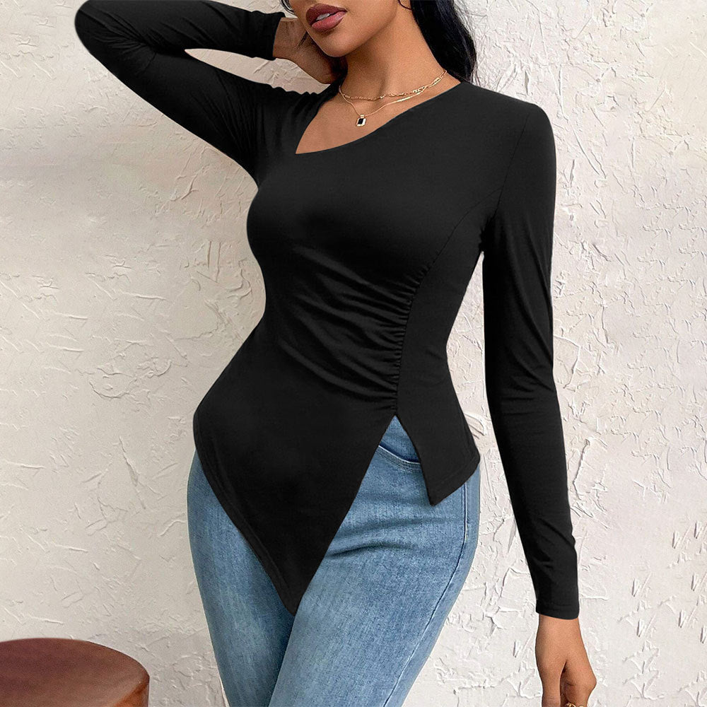 Damen asymmetrisches Langarm-Shirt mit diagonalem Cut-Out, taillierter Seitenraffung und spitz zulaufendem Zipfel-Saum Nord Taschen