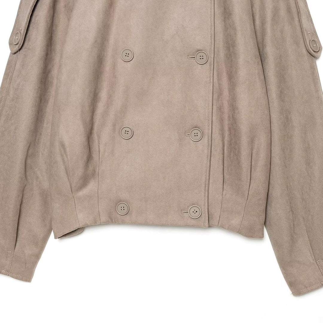 Damen Cropped Cape‑Trenchjacke in Veloursoptik mit hohem Stehkragen, Epauletten und doppelreihiger Knopfleiste Nord Taschen