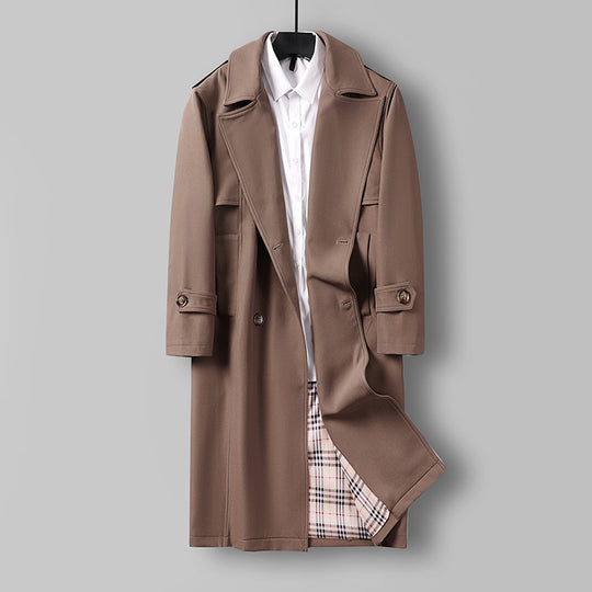 Herren Midilanger Doppelreihiger Trenchcoat mit Taillengürtel, abgefalcetem Revers und kariertem Innenfutter Nord Taschen