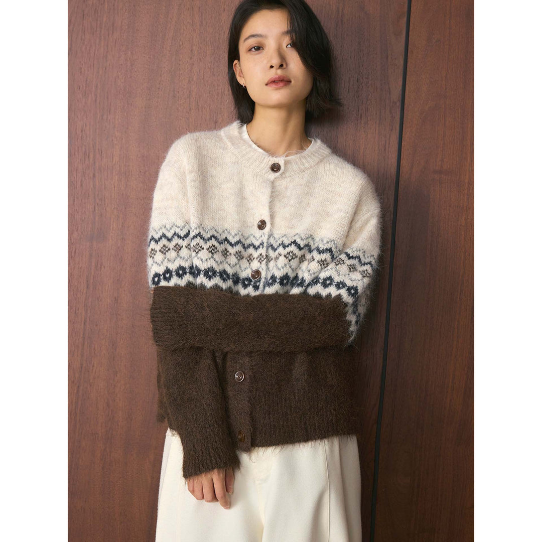 Damen Norwegermuster Mohair-Optik Strickjacke mit Knopfleiste und Rundhalsausschnitt Nord Taschen