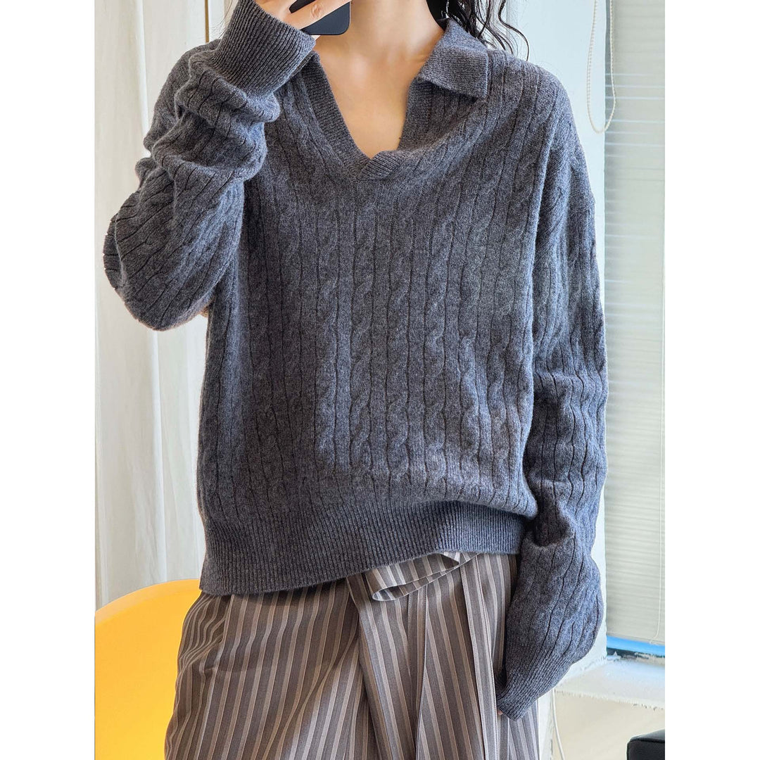 Damen Strickpullover mit Polokragen, V-Ausschnitt und Zopfmuster Nord Taschen