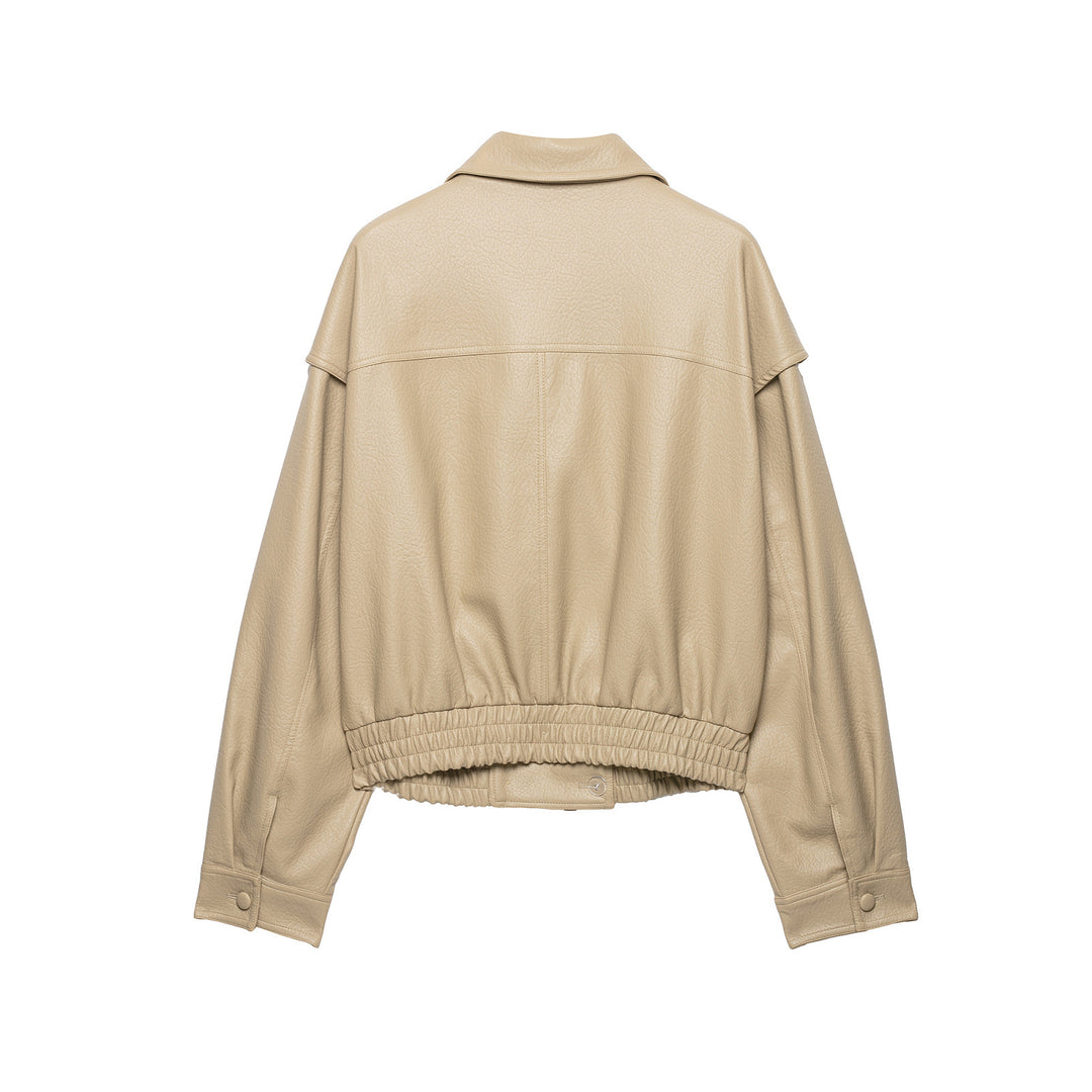 Damen Kurzjacke aus Kunstleder mit breitem Revers und gerafftem Saum Nord Taschen
