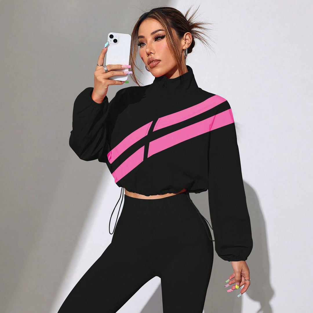 Damen Cropped Windbreaker mit Stehkragen, Reißverschluss und Kordelzugtaillierung Nord Taschen