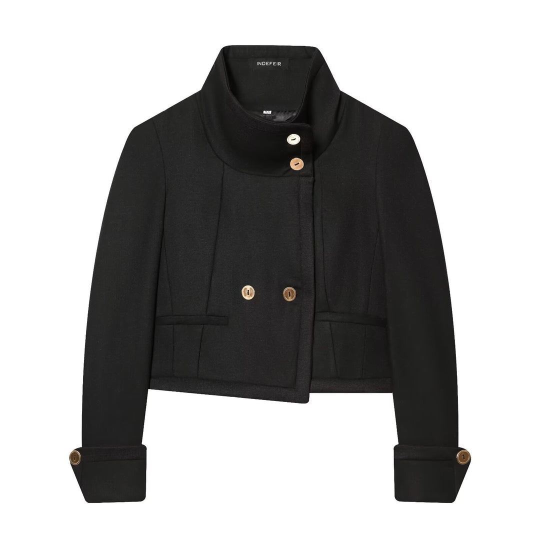 Damen Kurzblazer mit Stehkragen, doppelreihiger Knopfleiste und goldenen Zierknöpfen Nord Taschen