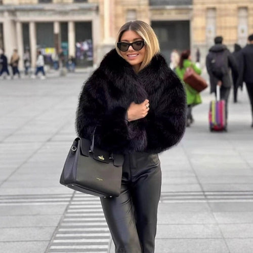 Damen Kurzer Boxy Kunstpelz‑Blouson mit voluminösem Schalkragen Nord Taschen