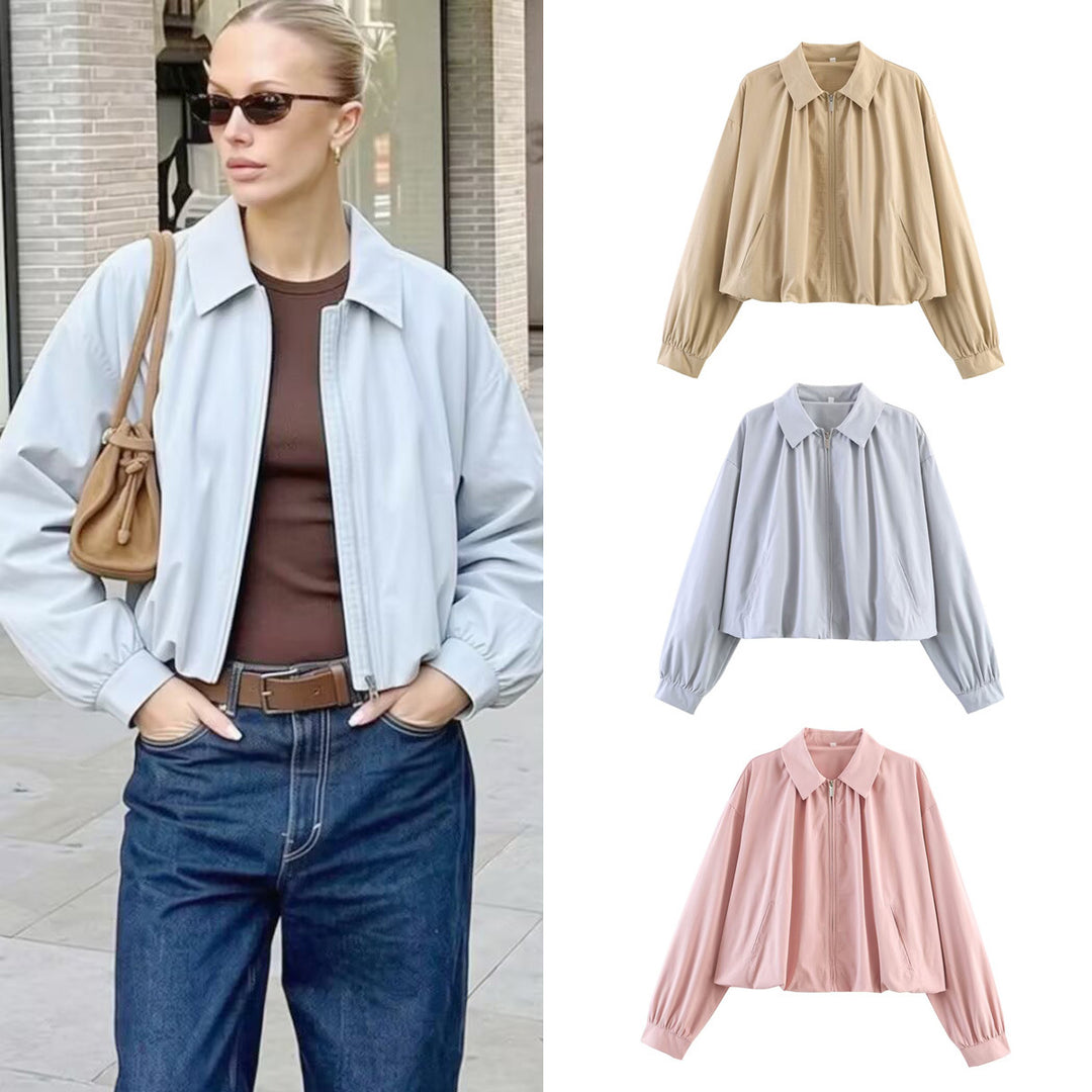 Damen Leichte Cropped Blouson-Jacke mit Hemdkragen, Reißverschluss und Gummizugsaum Nord Taschen