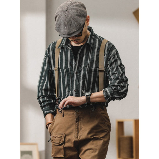 Herren Gestreiftes Overshirt-Hemd aus Baumwoll-Leinen mit Brusttaschen Nord Taschen