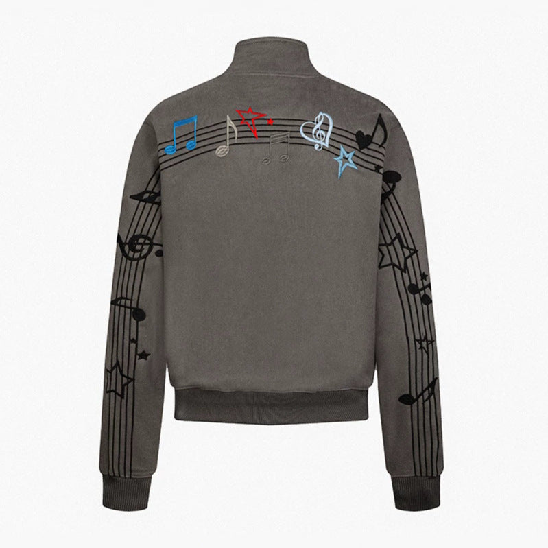Damen Kurz geschnittene Stehkragen‑Sweatjacke mit Noten- und Stern-Stickerei Nord Taschen