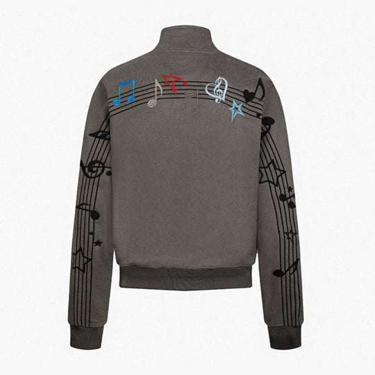 Damen Kurz geschnittene Stehkragen‑Sweatjacke mit Noten- und Stern-Stickerei Nord Taschen