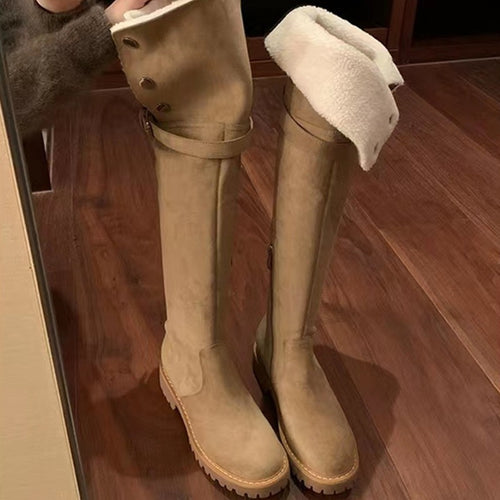Damen Kniehohe Velours-Winterstiefel mit umklappbarer Schaftrand‑Fütterung und profilierter Lug‑Sohle Nord Taschen