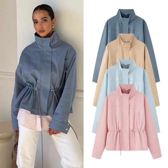 Damen Leichte Wind- und Regenjacke mit Tunnelzug-Taille und Stehkragen Nord Taschen