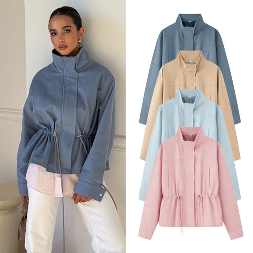 Damen Leichte Wind- und Regenjacke mit Tunnelzug-Taille und Stehkragen Nord Taschen