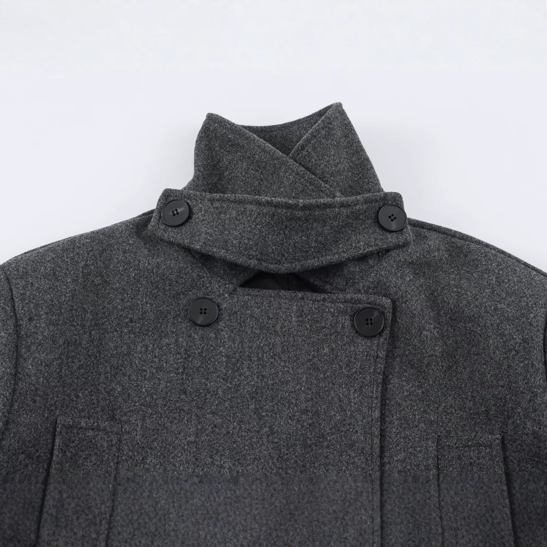 Damen Kurzer doppeltreihiger Wollmix‑Mantel mit Stehkragen und taillierendem Bindegürtel Nord Taschen
