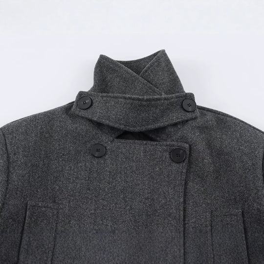 Damen Kurzer doppeltreihiger Wollmix‑Mantel mit Stehkragen und taillierendem Bindegürtel Nord Taschen
