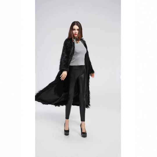 Damen extravaganter bodenlanger Hochflor-Faux-Fur-Mantel mit Schleppe und offenem Schnitt Nord Taschen