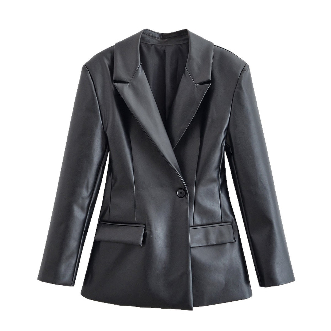 Damen Taillierter Longline-Kunstlederblazer mit Ein-Knopf-Verschluss und Pattentaschen Nord Taschen