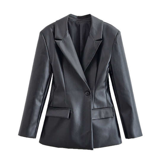 Damen Taillierter Longline-Kunstlederblazer mit Ein-Knopf-Verschluss und Pattentaschen Nord Taschen