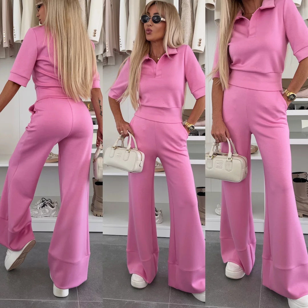 Damen figurnahes Cropped-Poloshirt und hochgeschnittene Wide‑Leg Hose Zweiteiler aus weichem Scuba-Jersey Nord Taschen