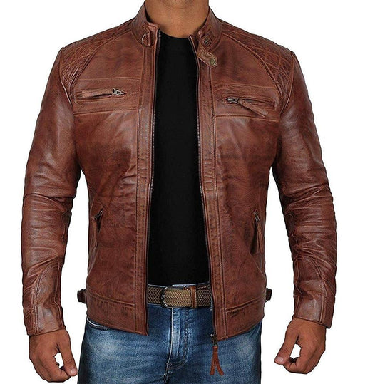 Herren Lederjacke Bikerstil aus echtem Leder mit Stehkragen und Zipper-Taschen Nord Taschen