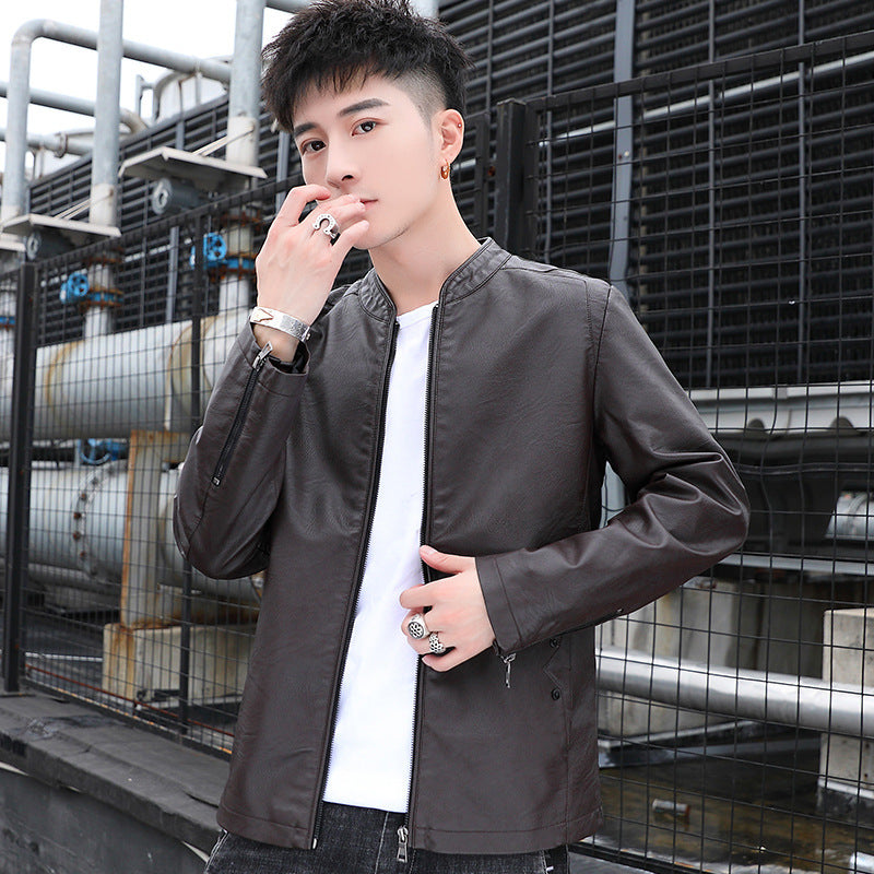 Herren schlanker Kunstleder‑Moto‑Blouson mit Stehkragen und Reißverschluss‑Taschen Nord Taschen