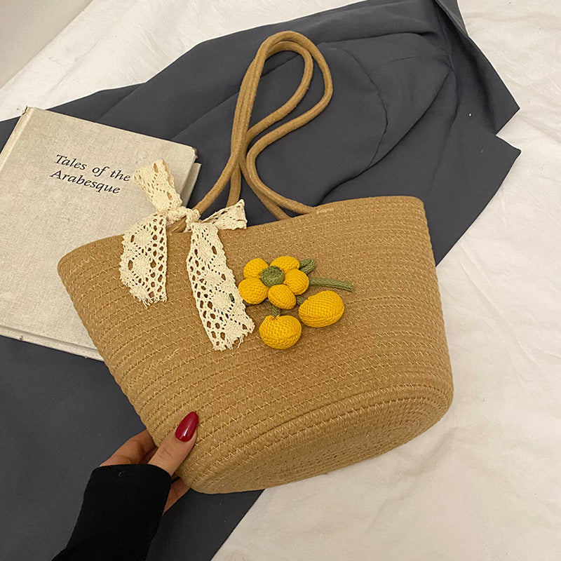 Damen Jute-Strandtasche mit dekorativen Blumen-Detail Nord Taschen