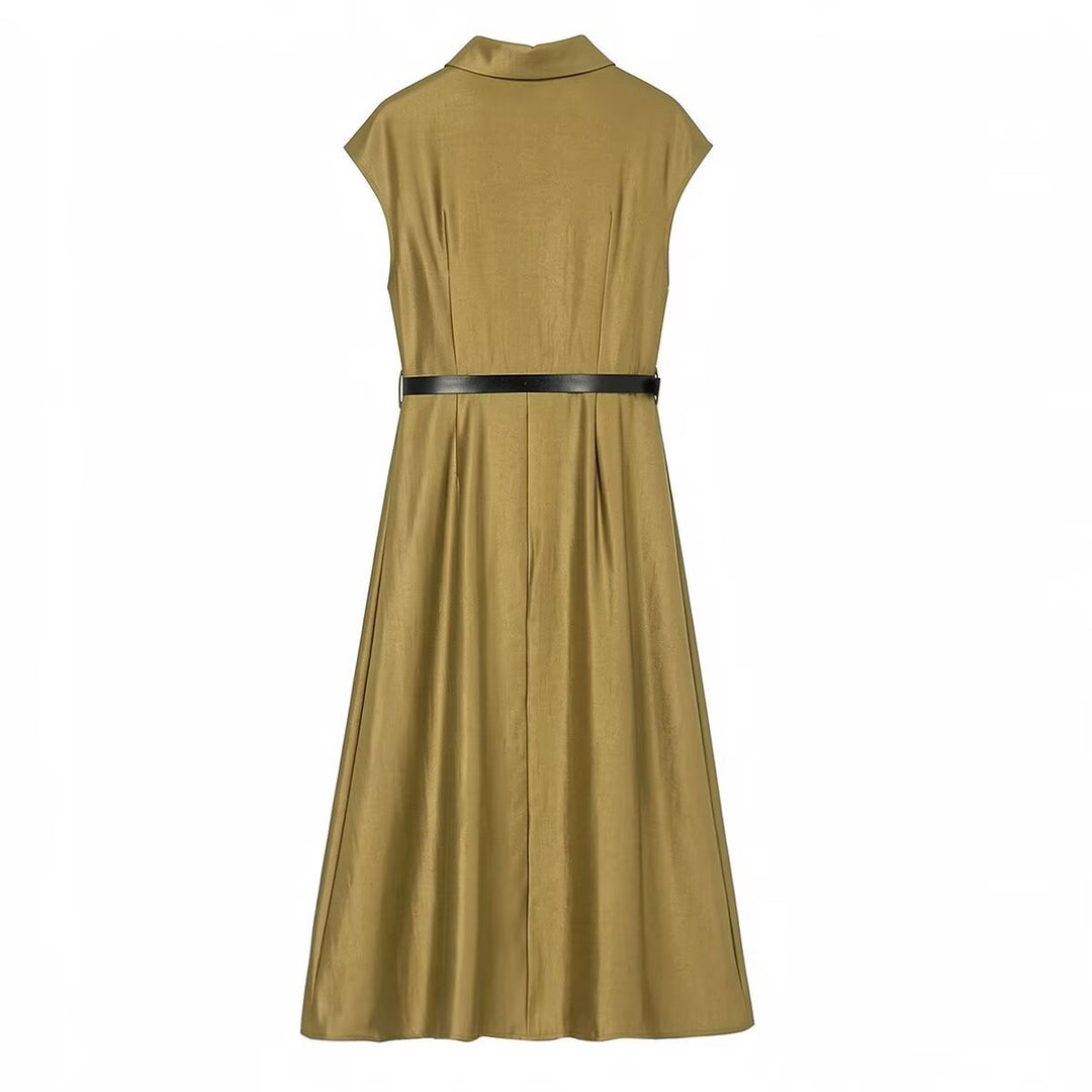 Damen Ärmelloses Hemdblusenkleid mit Taillenfalten und Gürtel Nord Taschen