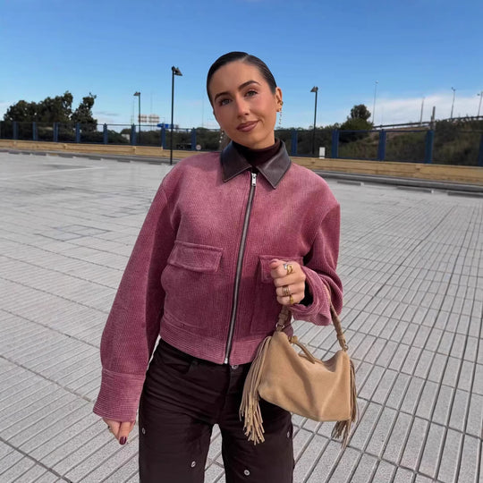 Damen Cordjacke mit Reißverschluss, Kunstlederkragen und aufgesetzten Taschen Nord Taschen