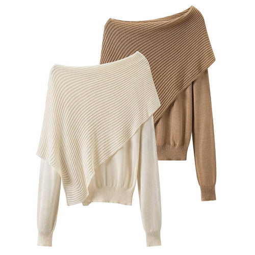 Damen Asymmetrischer schulterfreier Strickpullover mit Poncho‑Einsatz Nord Taschen
