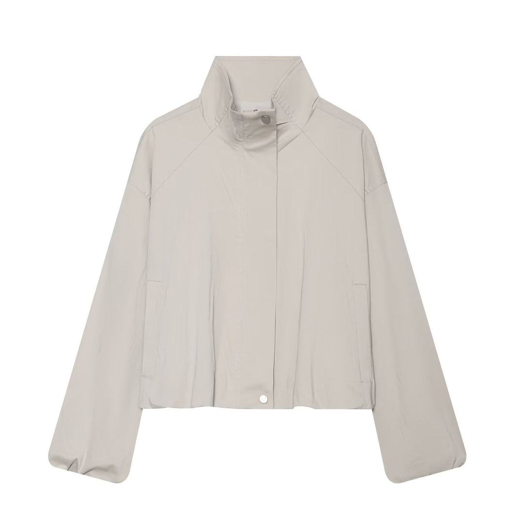 Damen Leichte Cropped Übergangsjacke mit Stehkragen und verdecktem Reißverschluss Nord Taschen