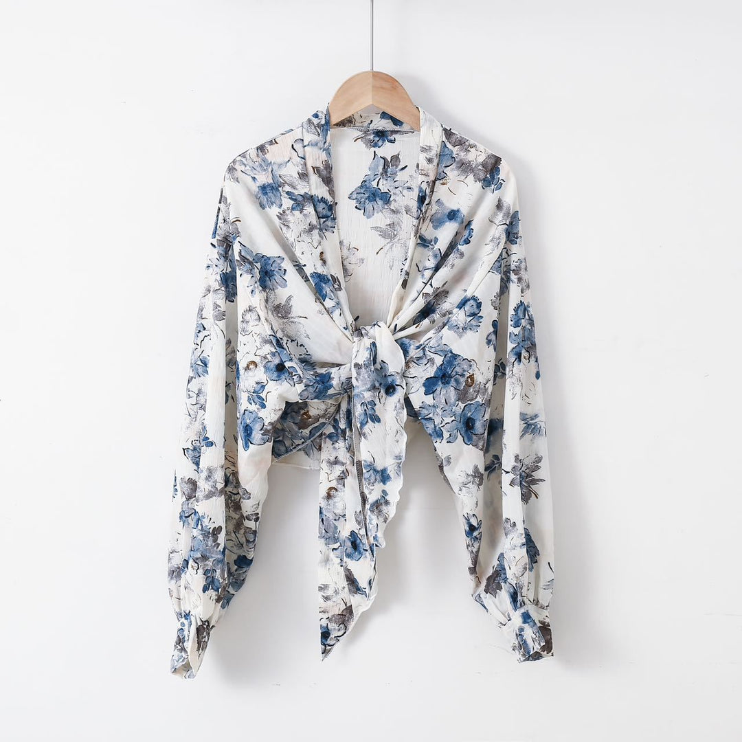Damen nan florale Knoten-Bluse im Wickelstil mit Ballonärmeln und leichter Leinenoptik