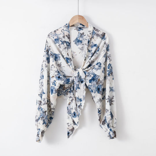 Damen nan florale Knoten-Bluse im Wickelstil mit Ballonärmeln und leichter Leinenoptik