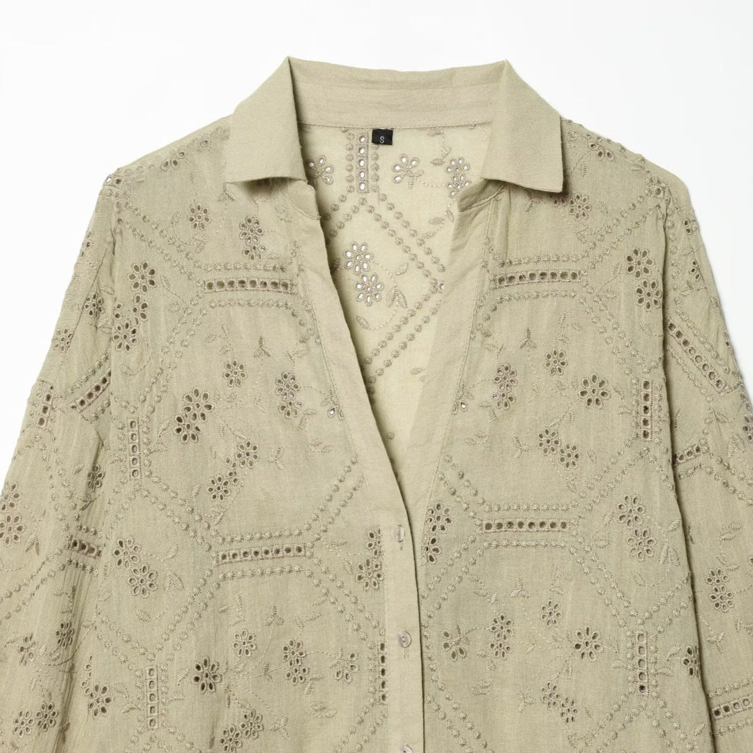 Damen Broderie‑Anglaise Hemdbluse im Oversize‑Schnitt mit Ballonärmeln Nord Taschen