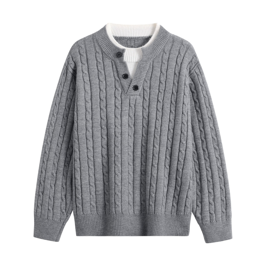 Damen Oversize Zopfstrick-Pullover mit Henley‑Kragen und Kontrastinnenkragen Nord Taschen