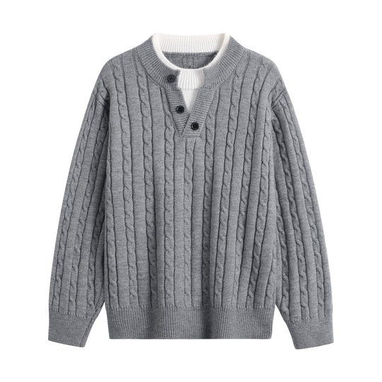 Damen Oversize Zopfstrick-Pullover mit Henley‑Kragen und Kontrastinnenkragen Nord Taschen