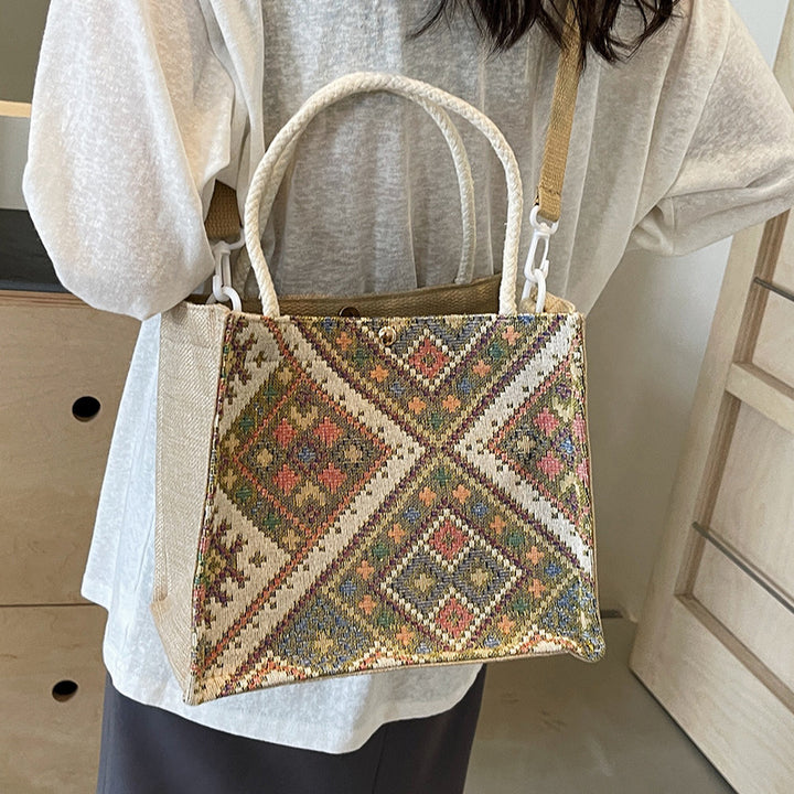 Damen Jute-Tasche mit kunstvollem geometrischen Muster Nord Taschen