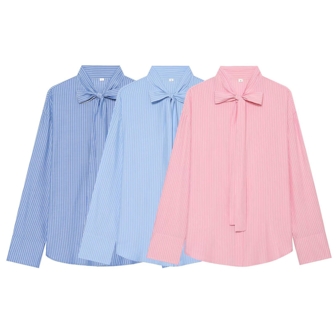 Damen Weite Bluse mit Schluppenkragen und Nadelstreifen Nord Taschen