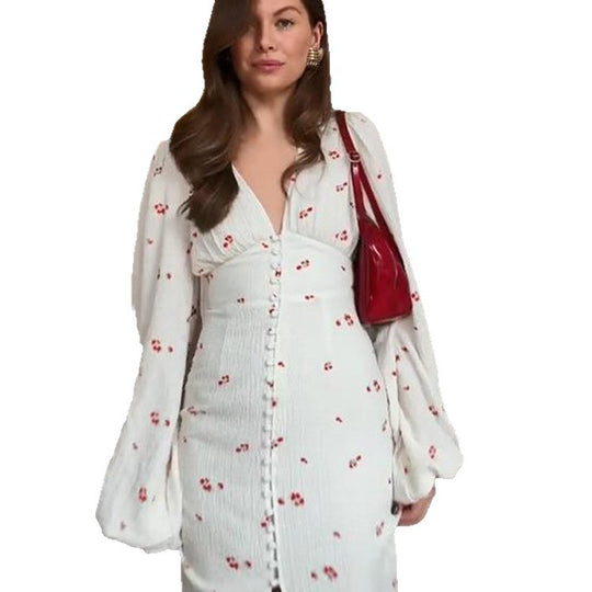 Damen Midikleid mit Puffärmeln, V-Ausschnitt und dekorativer Knopfleiste Nord Taschen