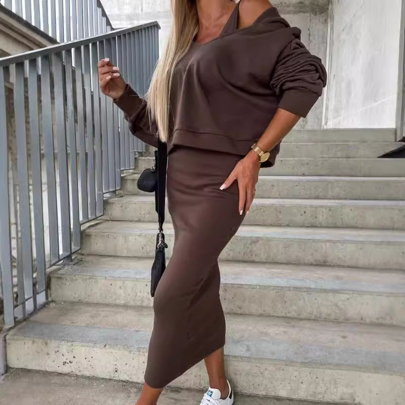 Damen Casual-Set Cropped-Sweatshirt mit Cut-Out-Trägern und High‑Waist Midirock aus Stretch-Fleece Nord Taschen