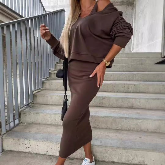 Damen Casual-Set Cropped-Sweatshirt mit Cut-Out-Trägern und High‑Waist Midirock aus Stretch-Fleece Nord Taschen