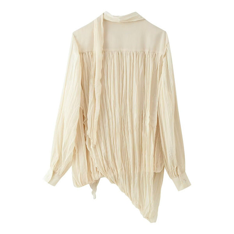 Damen Transparente Plissee-Chiffon-Bluse mit Halstuch-Schleife und asymmetrischem Saum Nord Taschen