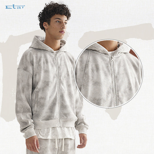 Unisex Kurz geschnittene Reißverschluss-Kapuzenjacke aus French-Terry mit Cloud-Dye-Effekt und Raglannähten Nord Taschen