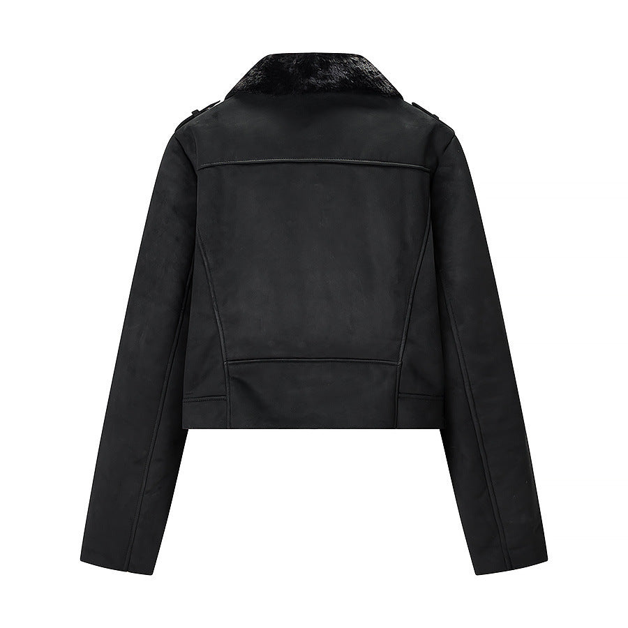 Damen Kurze Bikerjacke mit Kunstfellkragen und Wildlederoptik Nord Taschen